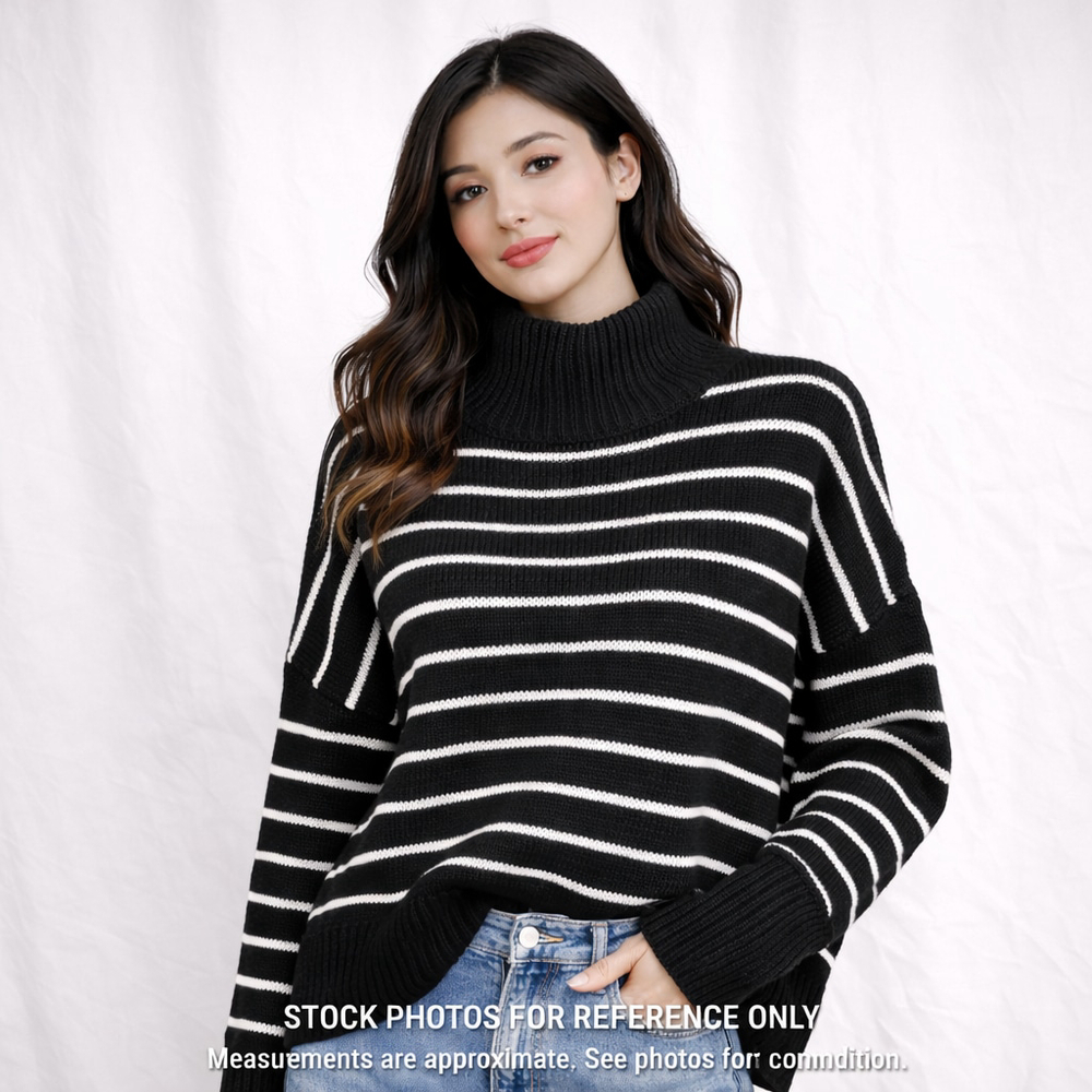 The Workshop Black White Striped Knit Sweater L Mock Neck Quiet Luxury Old Money
